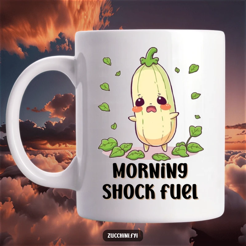 Funny startled zucchini mug showing a shocked vegetable with leaves scattering around it in a moment of surprise.