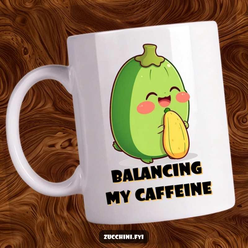Funny mug showing a zucchini character giggling uncontrollably while perfectly balancing a miniature zucchini on its nose. Hilarious skill.