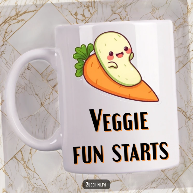 Funny zucchini character mug, playfully sliding down a carrot, bringing vegetable-themed humor and joy.