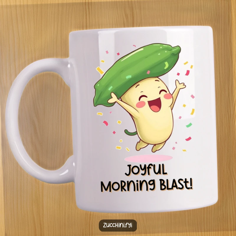 Funny zucchini mug featuring a joyful zucchini character leaping high and showering colorful confetti, symbolizing pure celebration and humor.