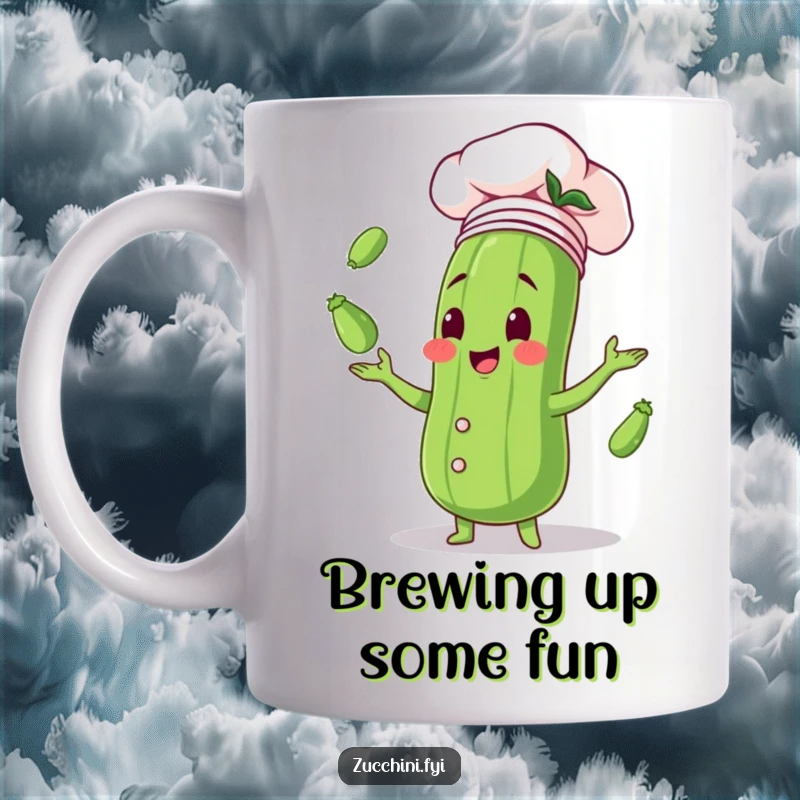 Funny mug depicting a zucchini wearing a chef hat, gleefully juggling smaller zucchinis, showcasing culinary skill and joyful fun.