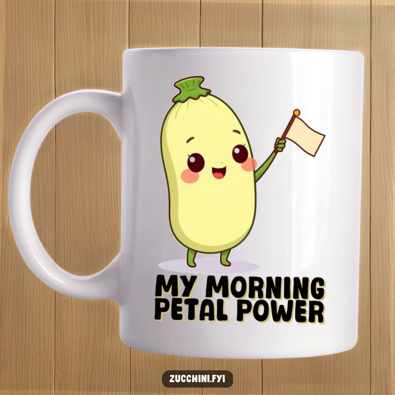 Funny mug featuring a joyful anthropomorphic zucchini character exuberantly waving a tiny flag made from a colorful petal, radiating happiness and charm.