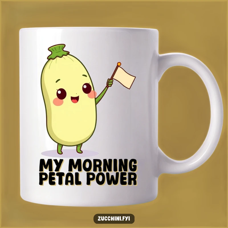 Funny Zucchini Friend Mug: Happy Veggie Character Waving a Petal Flag, Perfect Gift