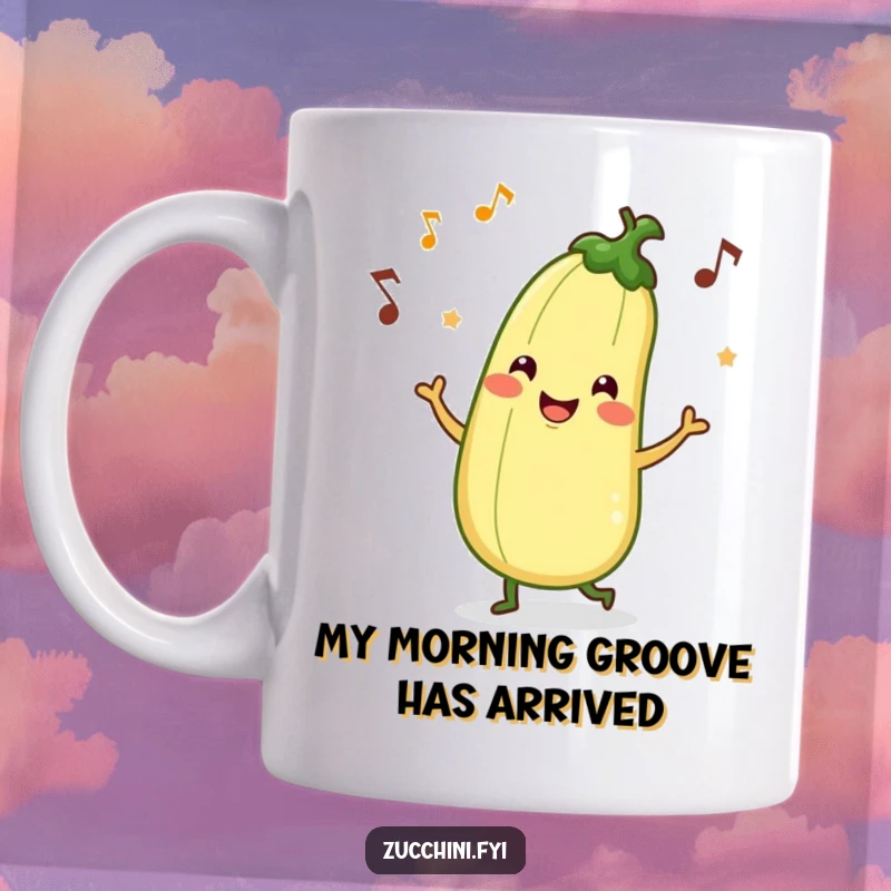 Funny mug featuring a smiling zucchini character performing a lively jig with musical notes floating around, full of vibrant energy and joy.