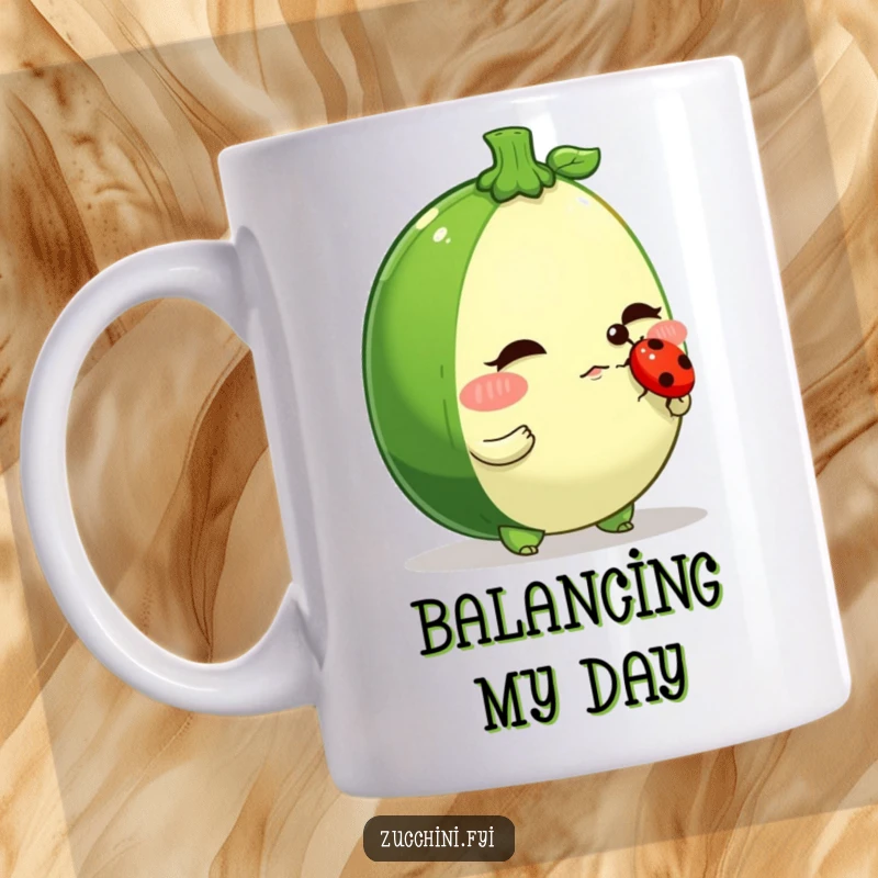 Funny zucchini character mug, determinedly balancing a tiny ladybug on its nose, showcasing focus and humor.