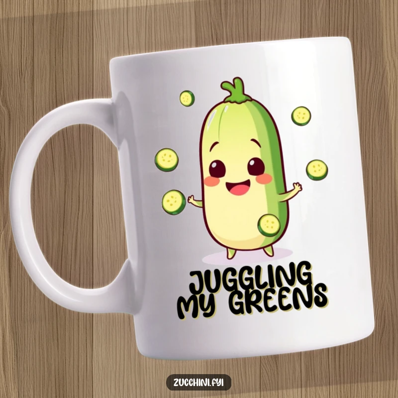 Funny Kawaii zucchini mug with a happy character juggling mini zucchini slices, perfect for kitchen fun and a humorous gift.