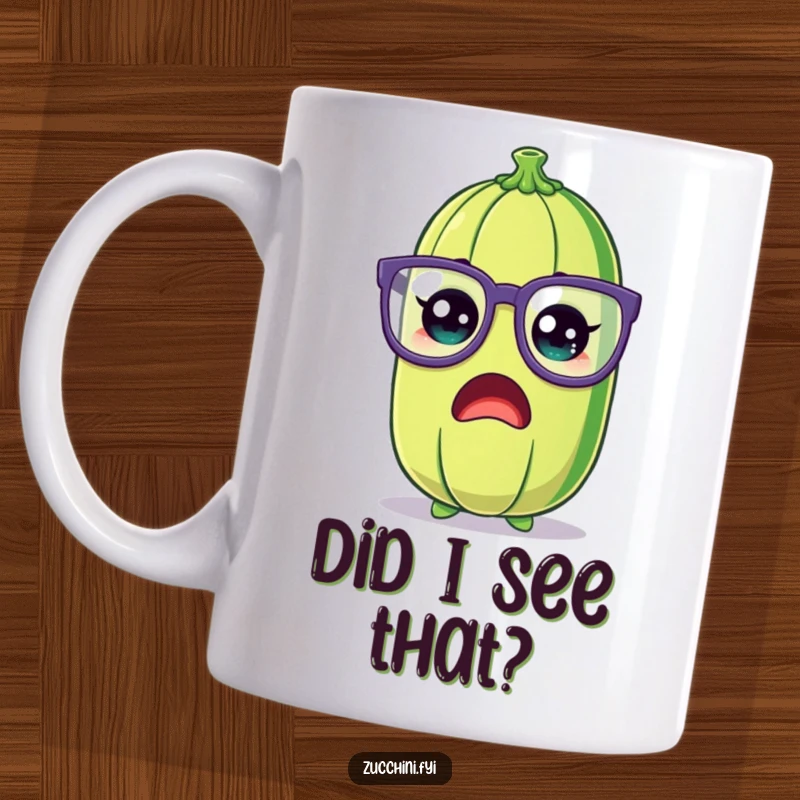 Funny Zucchini Mug showing a cartoon zucchini with wide, shocked eyes and oversized, silly glasses, emphasizing surprise and humor.