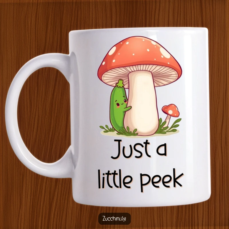 Funny Zucchini Mug showing a shy cartoon zucchini peeking cautiously from behind a large, smiling, friendly mushroom.