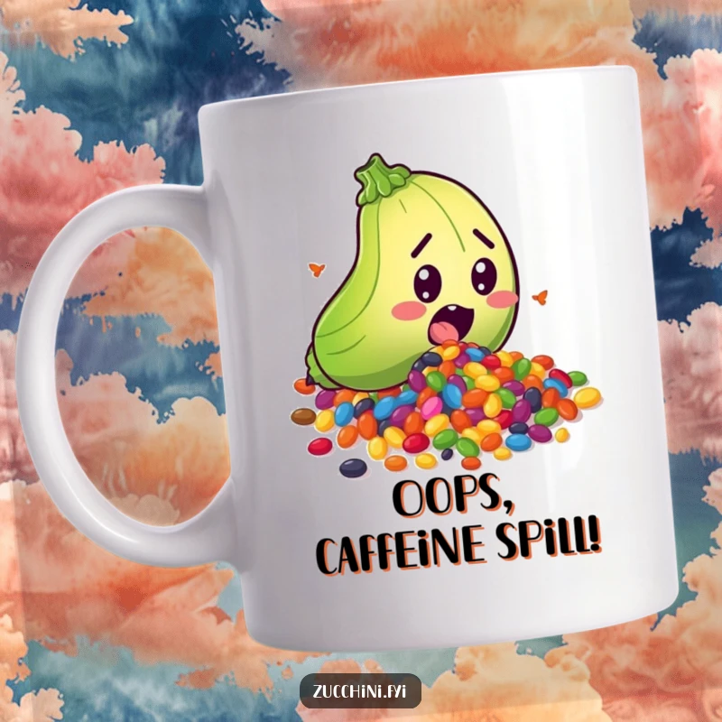 Funny mug showing a surprised zucchini character tripping and scattering a vibrant rainbow of seeds, capturing a moment of comical mishap.