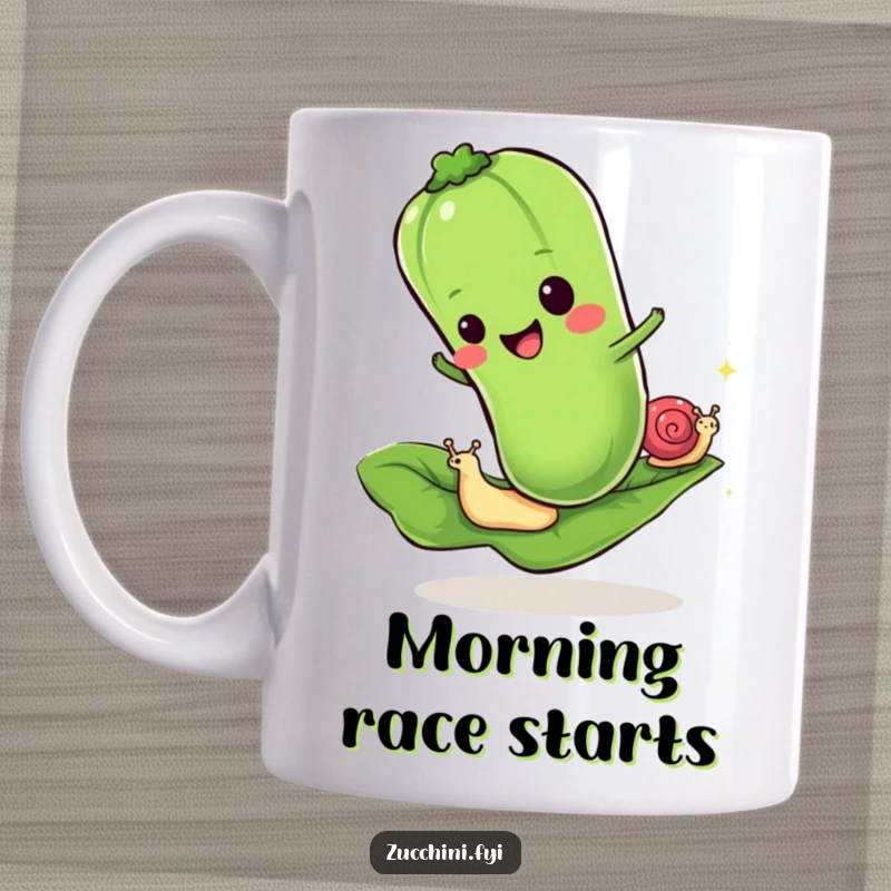 Funny mug depicting a cheerful zucchini racing a tiny snail on a leaf, celebrating a humorous, slow-paced competition.