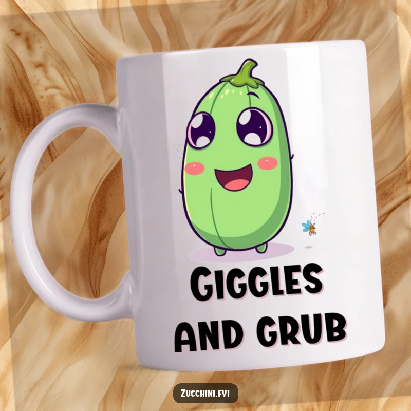 Funny laughing zucchini mug with exaggerated eyes watching a tiny firefly, embodying pure joy and nighttime wonder with humorous expression.