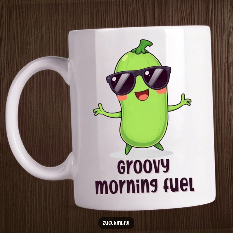 Funny Zucchini Mug: Smiling vegetable wearing sunglasses, dancing energetically, embodying fun and celebration.