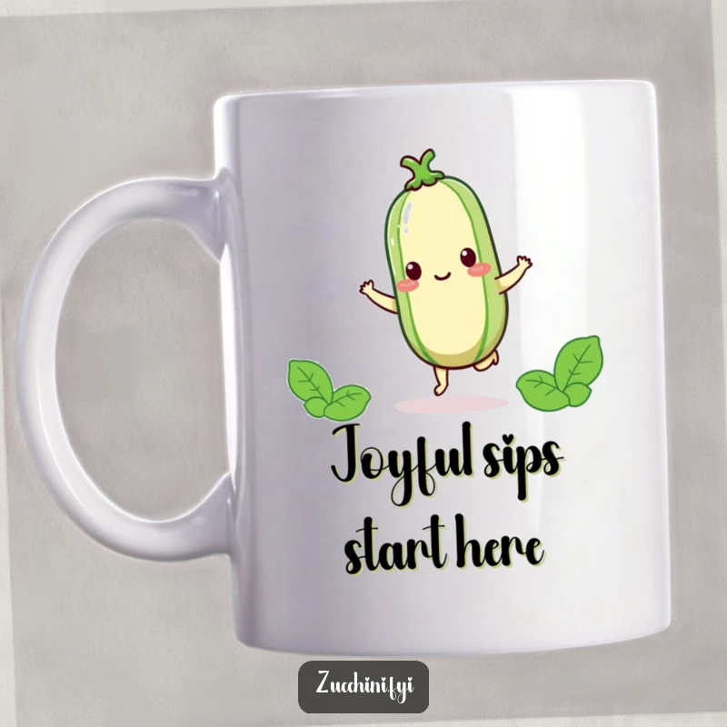 Funny kawaii zucchini happily hopping on one foot, a cheerful and energetic vegetable design.