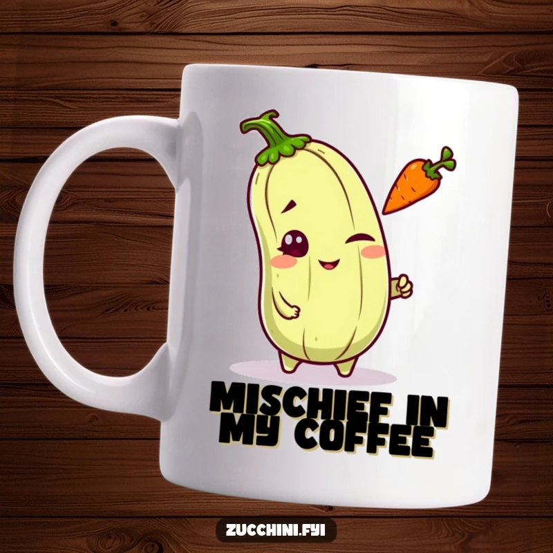 Funny mischievous kawaii zucchini winking while tossing a small carrot, a playful veggie design.