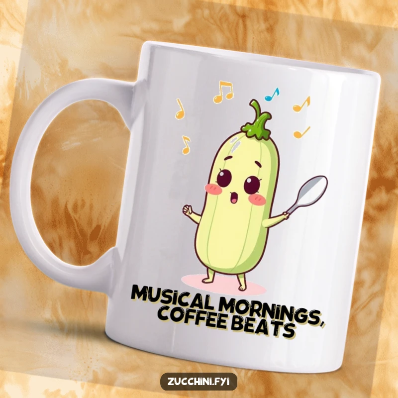 Funny surprised zucchini sprouting musical notes while dancing with a spoon, a musical mug.