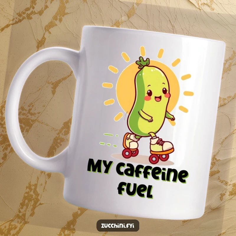 Funny zucchini on roller skates zipping past a cheerful cartoon sun on a coffee mug, full of speed and glee.