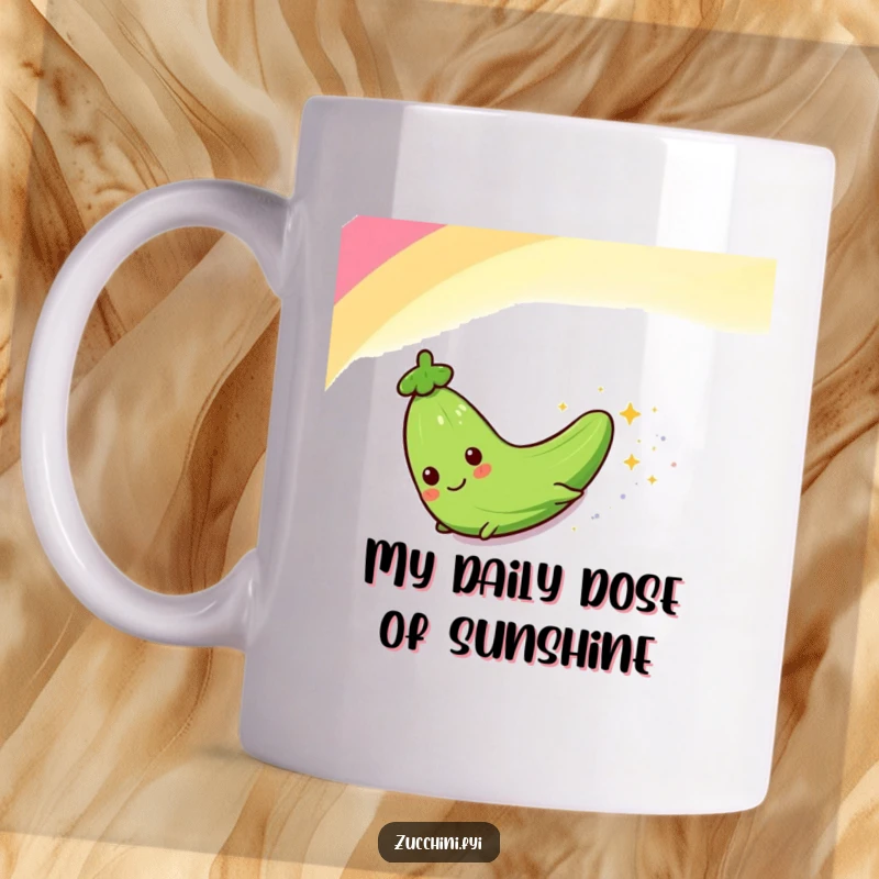 Funny mug featuring a cheerful zucchini character gleefully sliding down a vibrant rainbow, leaving a magical trail of sparkles behind.