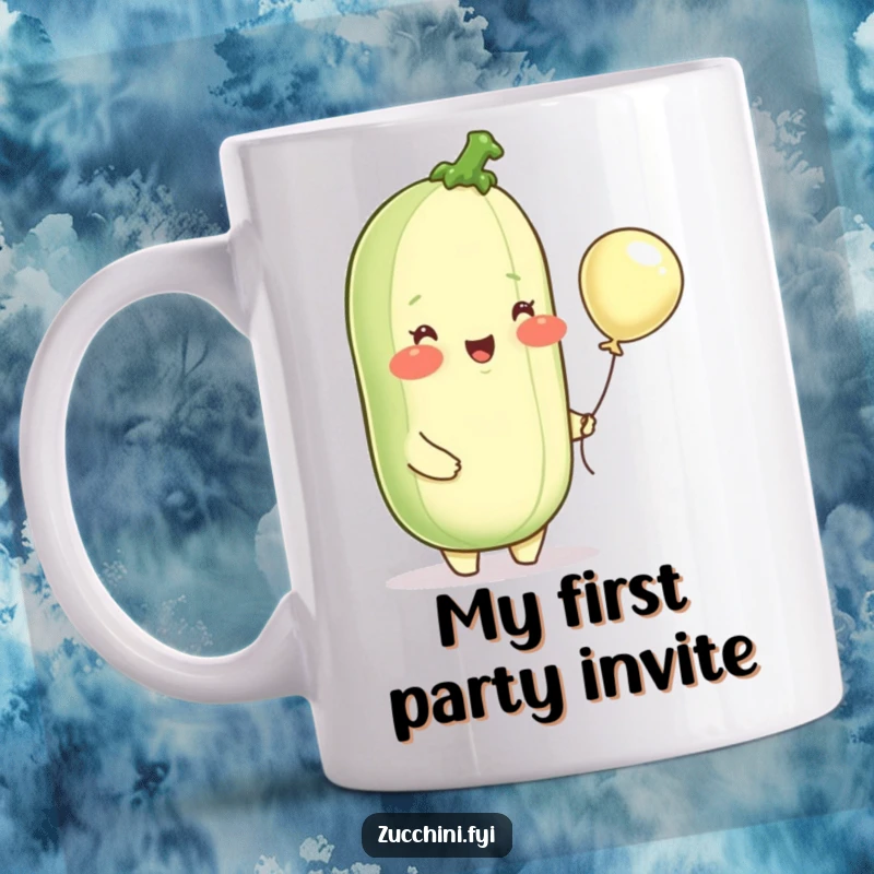 Funny mug with a delighted, rosy-cheeked zucchini character joyfully holding a small, colorful balloon, radiating happiness.