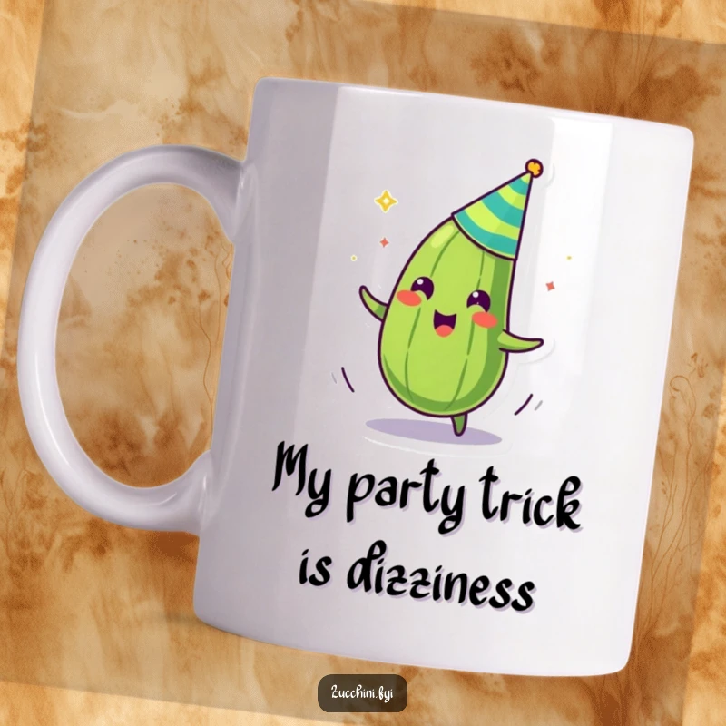 Funny mug featuring a zany zucchini with a tiny party hat, spinning with pure unadulterated fun, a vegetable's birthday bash.
