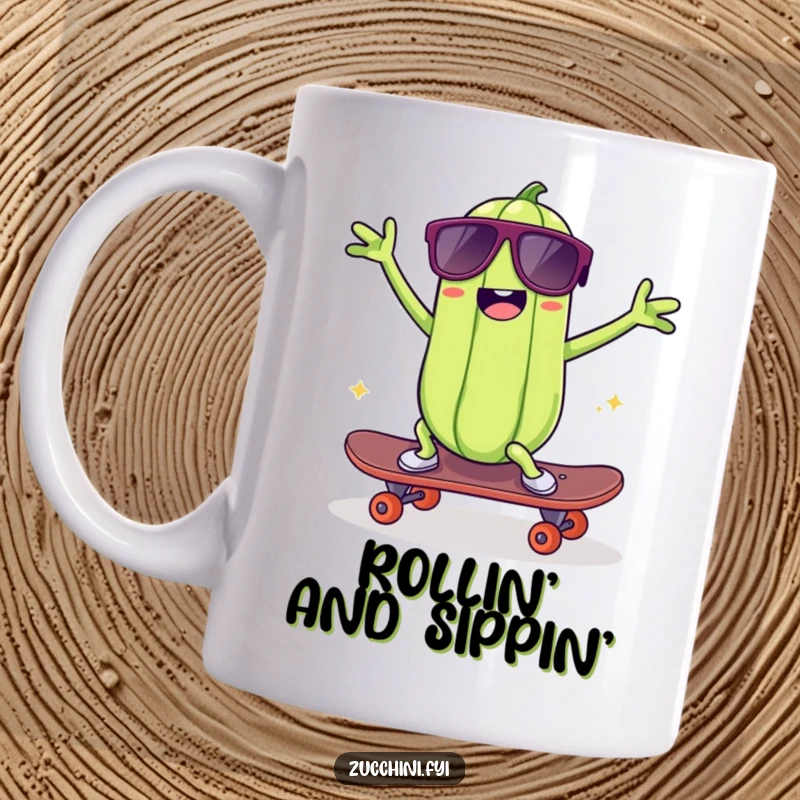 Funny kawaii zucchini wearing sunglasses, doing a silly dance on a skateboard, a humorous and cool illustration.