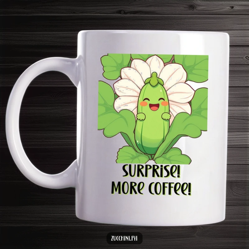 Funny Zucchini Laugh Mug showing a laughing character peeking from behind a giant zucchini blossom.