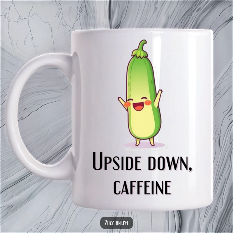 Funny mug featuring a laughing zucchini doing a handstand with its stem pointing upwards, exuding joyful, upside-down energy.