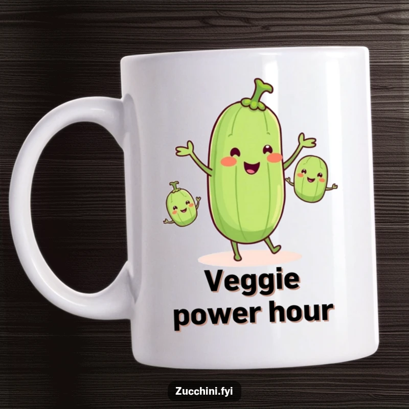 Funny smiling zucchini with tiny legs happily juggling three smaller smiling zucchinis, showcasing veggie humor, ideal gift.