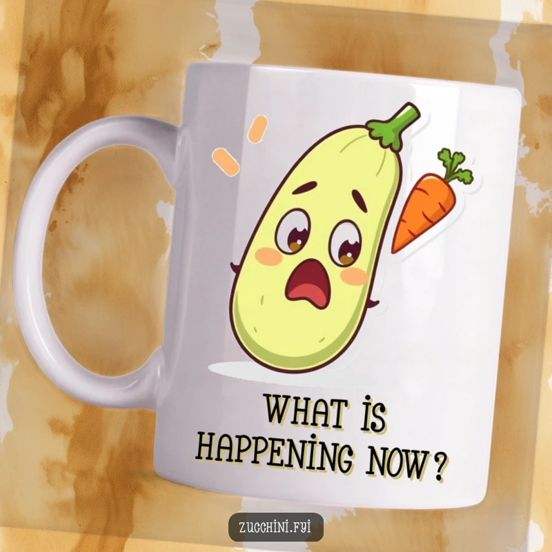 Funny mug featuring a wide-eyed, surprised zucchini witnessing a flying carrot in a comical, unexpected scene.