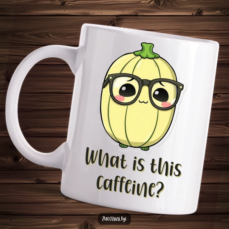 Funny Bewildered Zucchini Mug with large, oversized spectacles on a confused-looking zucchini, perfect for book lovers.