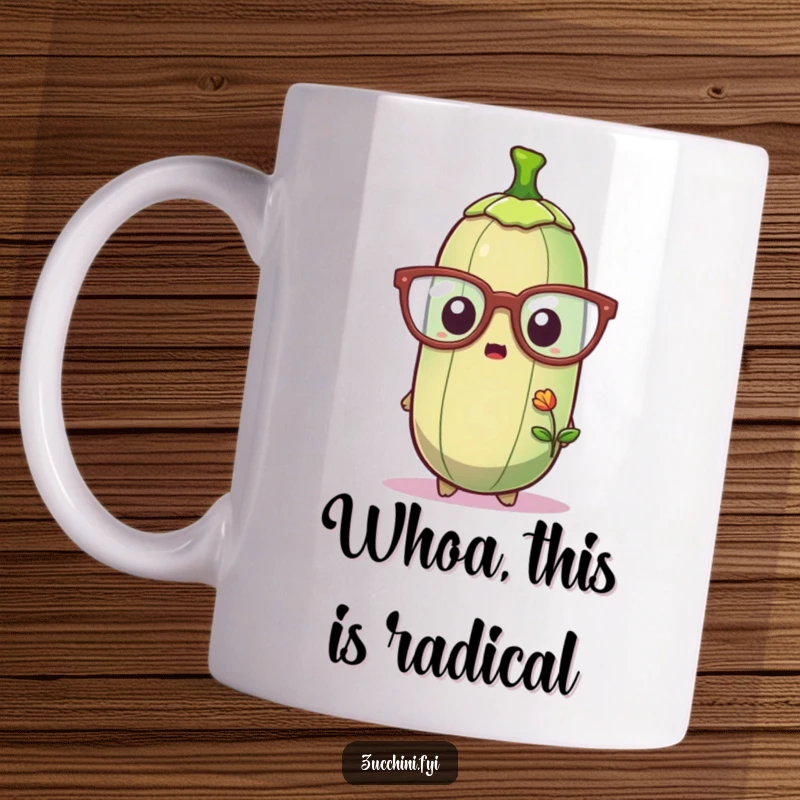 Funny mug with a zucchini wearing large glasses, looking astonished at a small sprout emerging from the soil, capturing a humorous moment of discovery.
