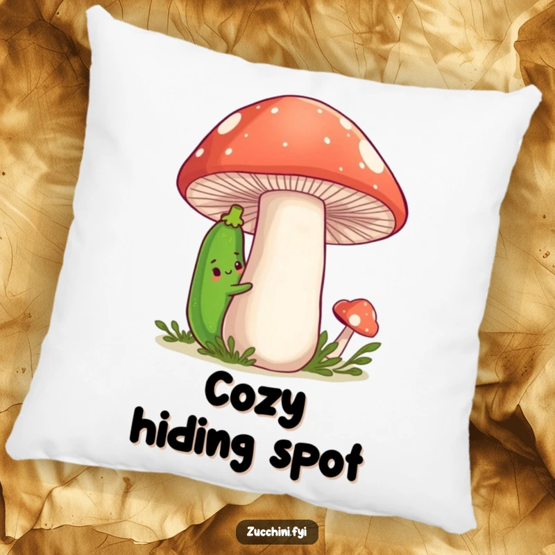 Funny Zucchini Pillow featuring a soft, cartoon zucchini shyly peeking from behind a large, friendly mushroom, offering humorous comfort.