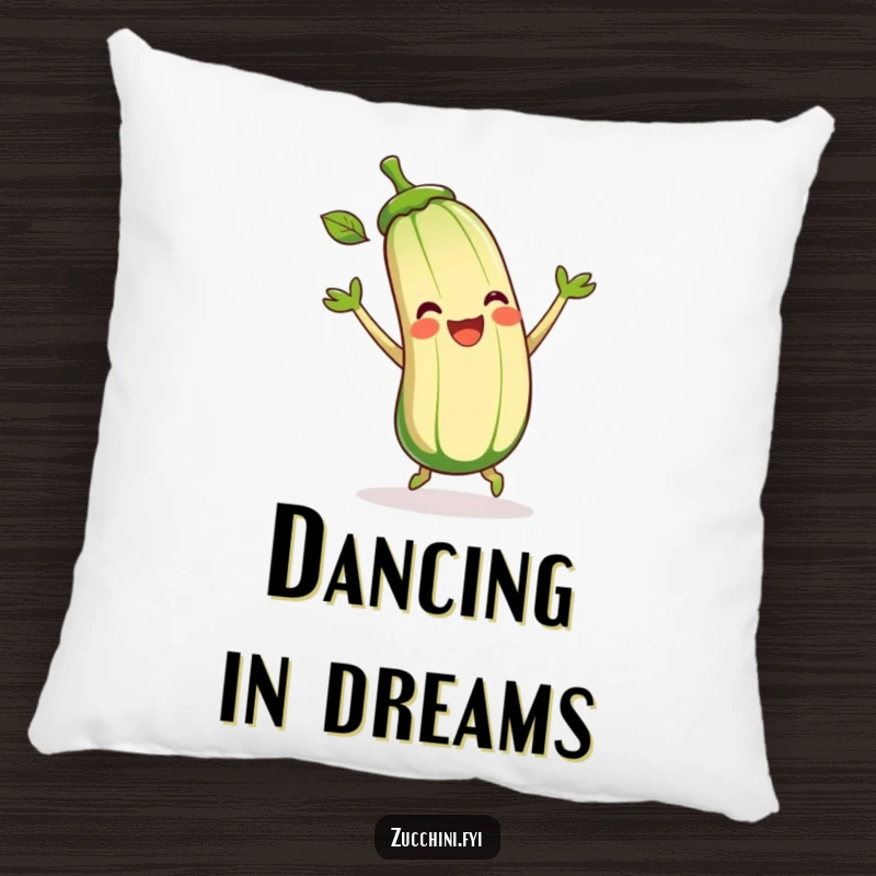 Funny Zucchini Pillow featuring a soft, cartoon zucchini joyfully dancing and wiggling its leaves, offering humorous comfort.
