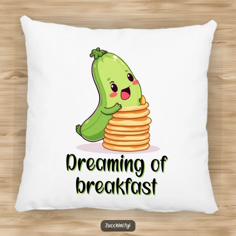 Funny decorative pillow showing a determined zucchini balancing a stack of wobbly pancakes, adding comfort and humor.
