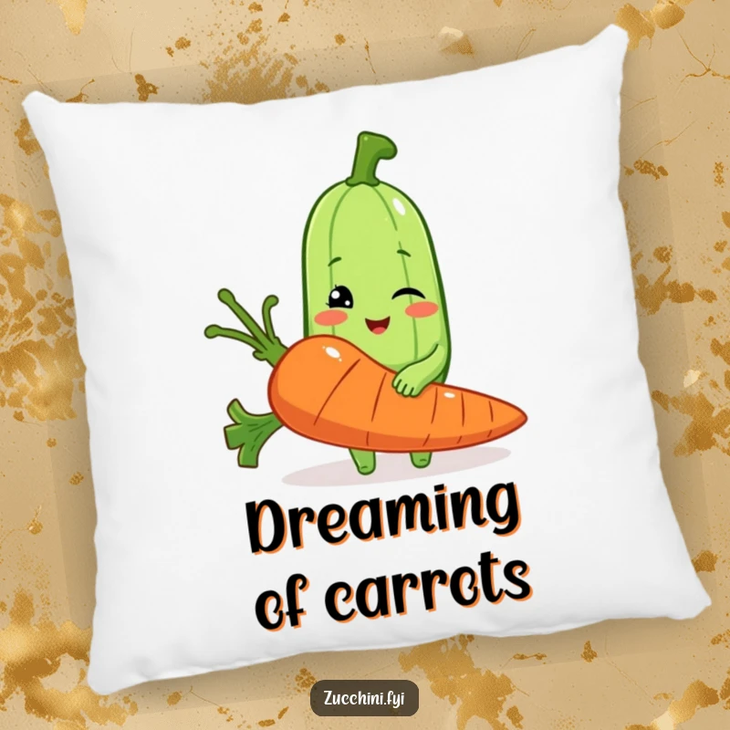 Funny pillow featuring a winking zucchini with a giant carrot, adding humorous comfort and veggie charm.