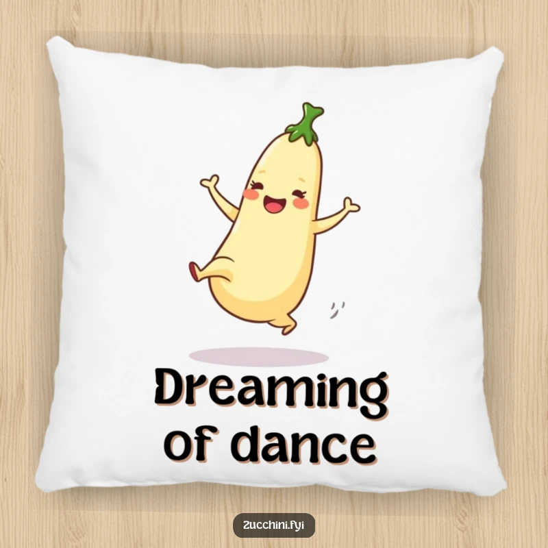 Funny Pillow showcasing a dancing zucchini enthusiastically performing a high kick with joyful energy.