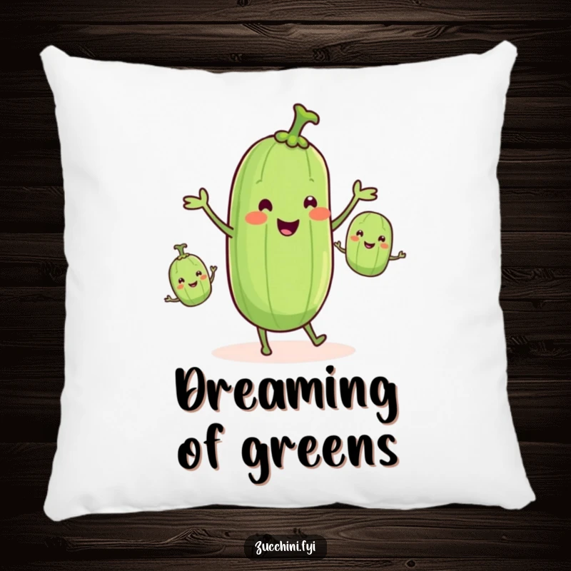 Funny zucchini juggling smaller zucchinis, depicted on a pillow for cozy, humorous decor, funny gift.
