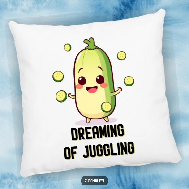 Funny Kawaii zucchini pillow with a happy juggling character, offering comfort and a touch of humorous charm as a great gift.