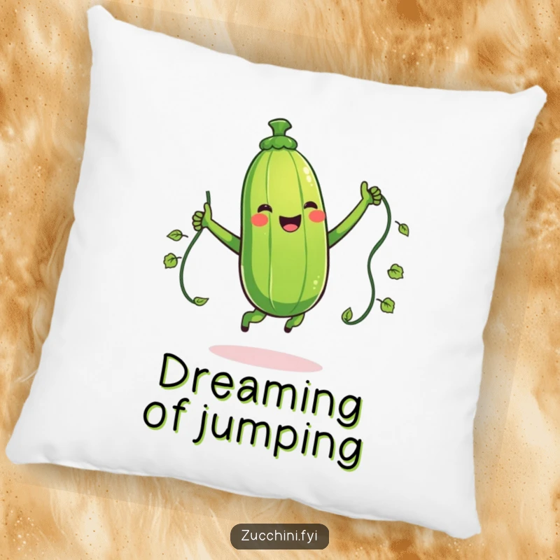 Funny pillow with a giggling zucchini character jumping rope with a vine, offering comfort and a dose of vegetable-themed active fun.