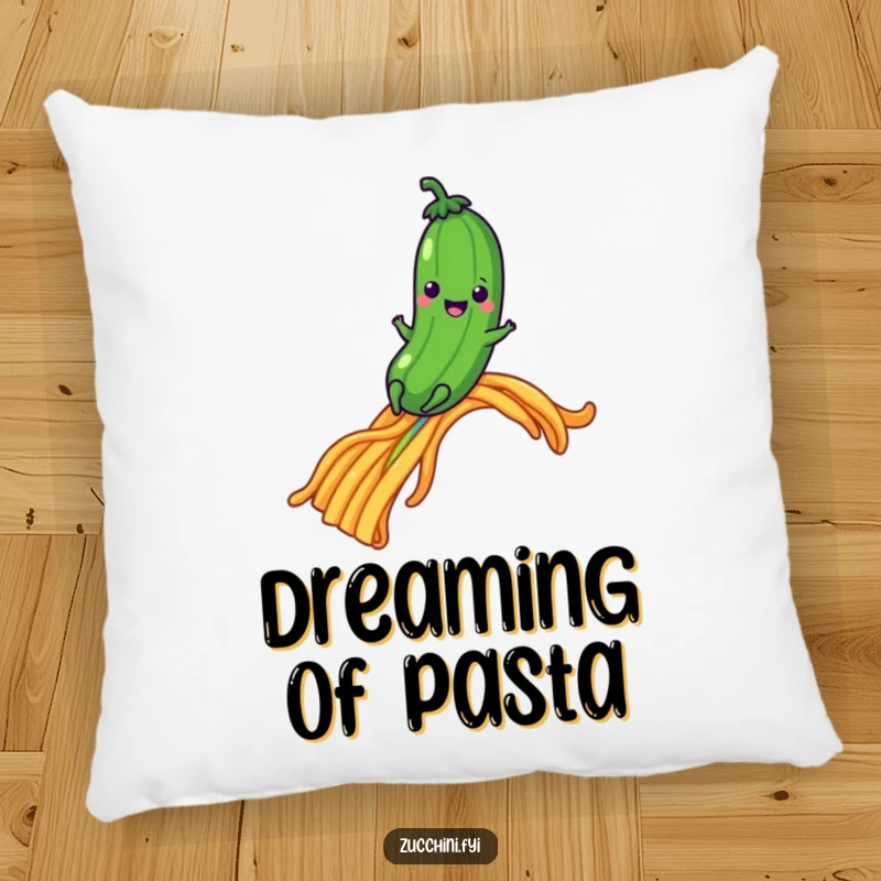Funny zucchini character sliding down a pasta rainbow, a soft and humorous decorative pillow.