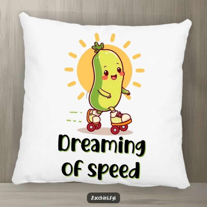 Soft pillow featuring a funny zucchini on roller skates speeding by a cartoon sun, perfect for lounging.