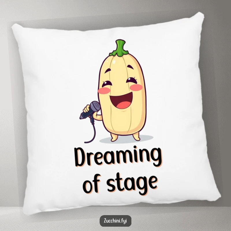 Funny pillow featuring a grinning zucchini singing into a microphone, offering cozy comfort and musical humor.