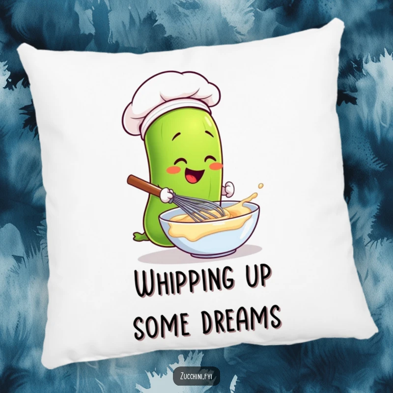 Funny zucchini in a chef hat whisking batter, a soft and humorous decorative pillow for the kitchen.