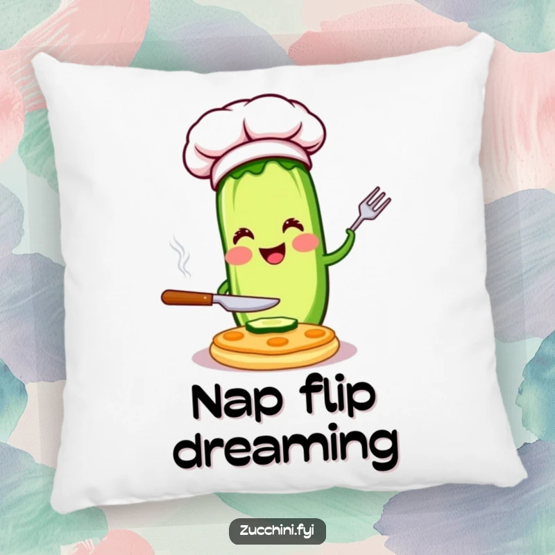 Funny chef zucchini pillow with a happy character flipping a pancake, offering comfort and a touch of humorous culinary charm as a great gift.