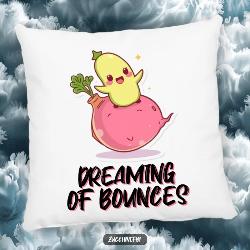 Funny giddy zucchini pillow featuring an excited vegetable bouncing on a giant radish, a soft and fun decor item.