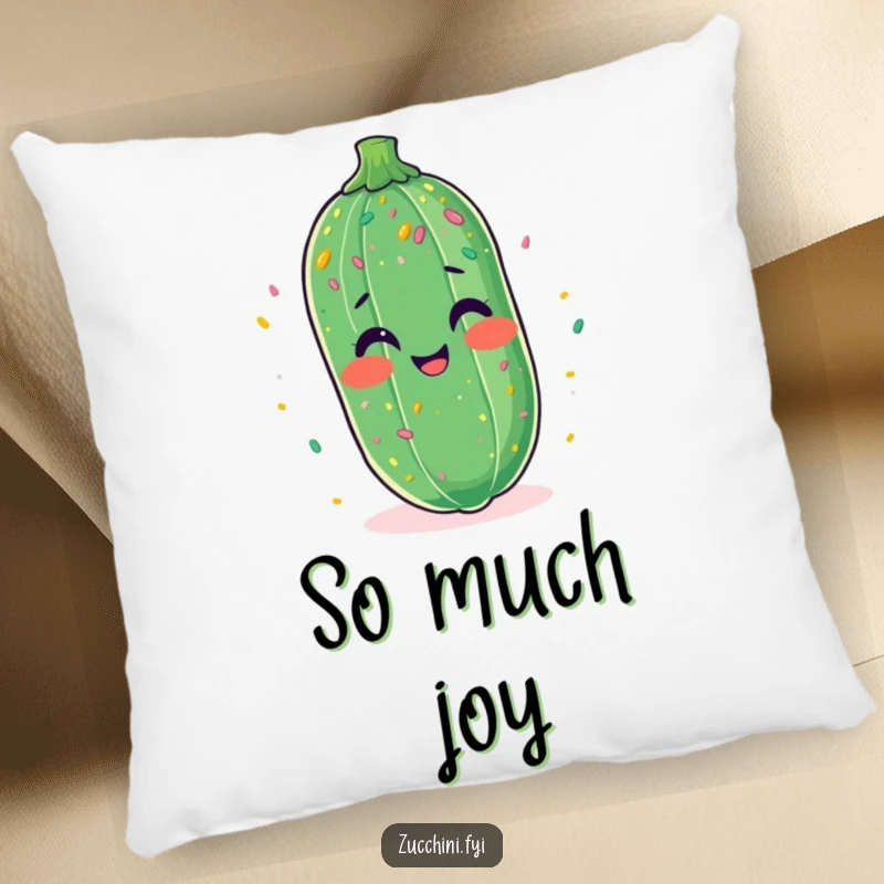 Funny pillow design of a zucchini with a big smile and covered in a festive confetti storm.