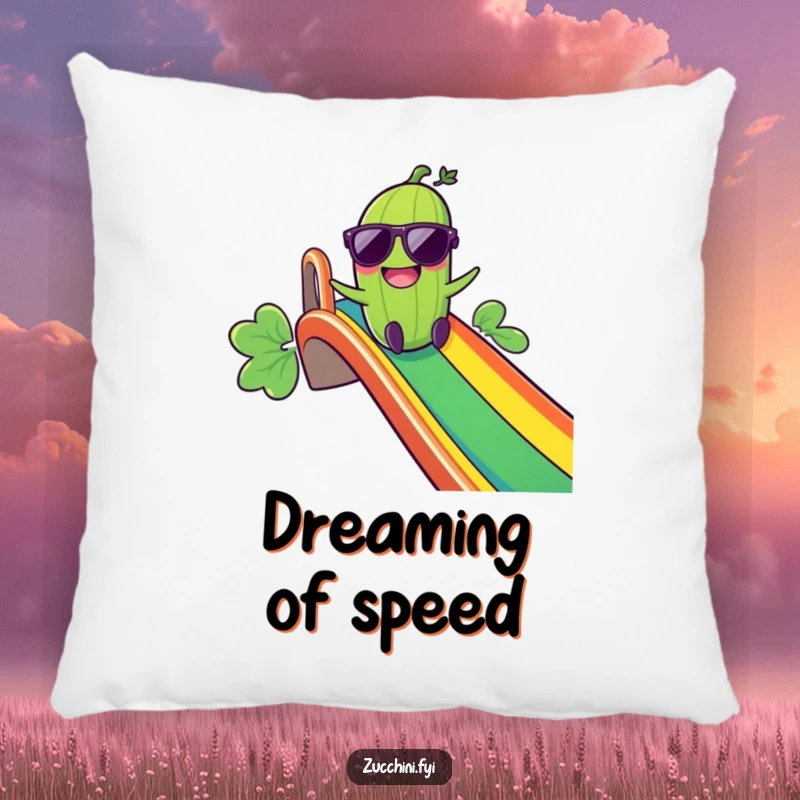 Funny Giggling Zucchini Pillow: A soft pillow featuring a giggling zucchini in sunglasses sliding down a rainbow, offering humorous comfort.