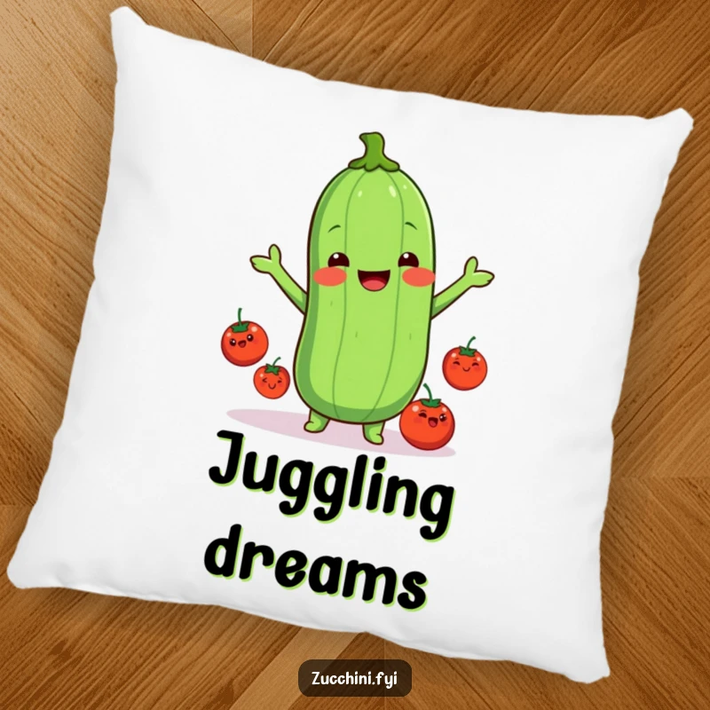 Funny kawaii zucchini pillow, soft and plush, showing a cute zucchini juggling happy tomatoes, adding a funny, cheerful touch to any couch.
