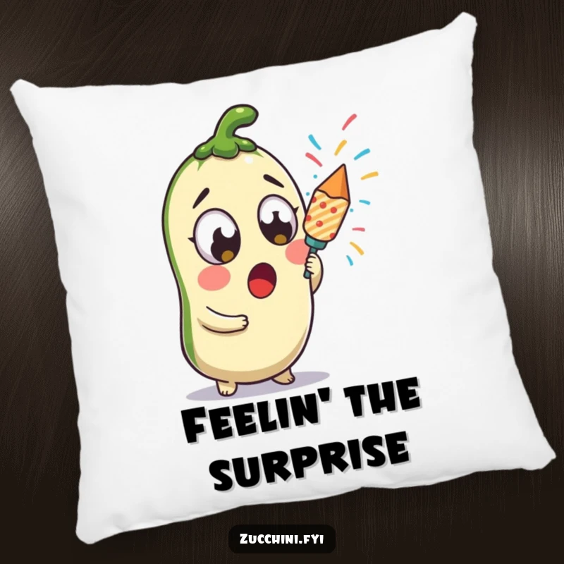 Funny surprised kawaii zucchini ready to pop a confetti popper, a cute and festive design on a soft pillow.