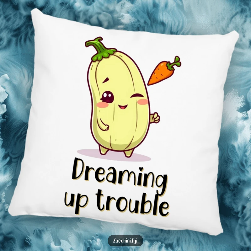 Funny mischievous kawaii zucchini winking and tossing a carrot, a cute and comforting design on a soft pillow.