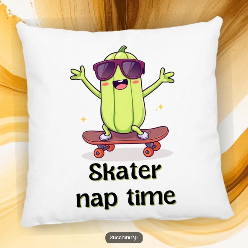 Funny kawaii zucchini pillow, soft and plush, showing a cool zucchini skateboarding and dancing, adding a funny, rad touch to any couch.